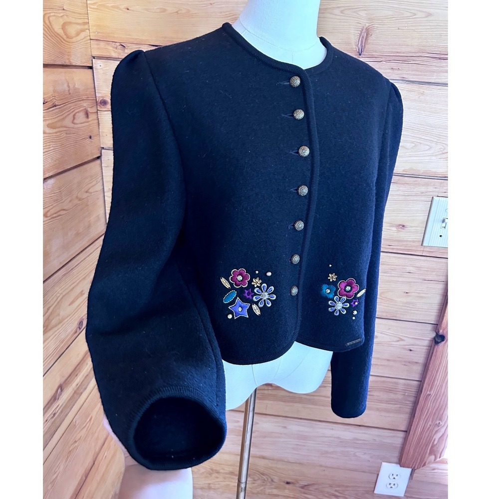 Vintage Wool Austrian Tyrolean Trachten Jacket Womens Medium Black Geiger